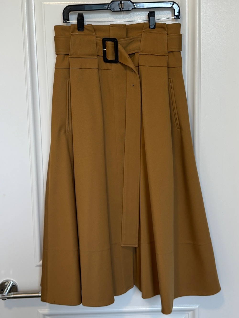 Proenza Schouler High-Waist Pleated, Belted A-Line Midi Skirt in Golden Camel